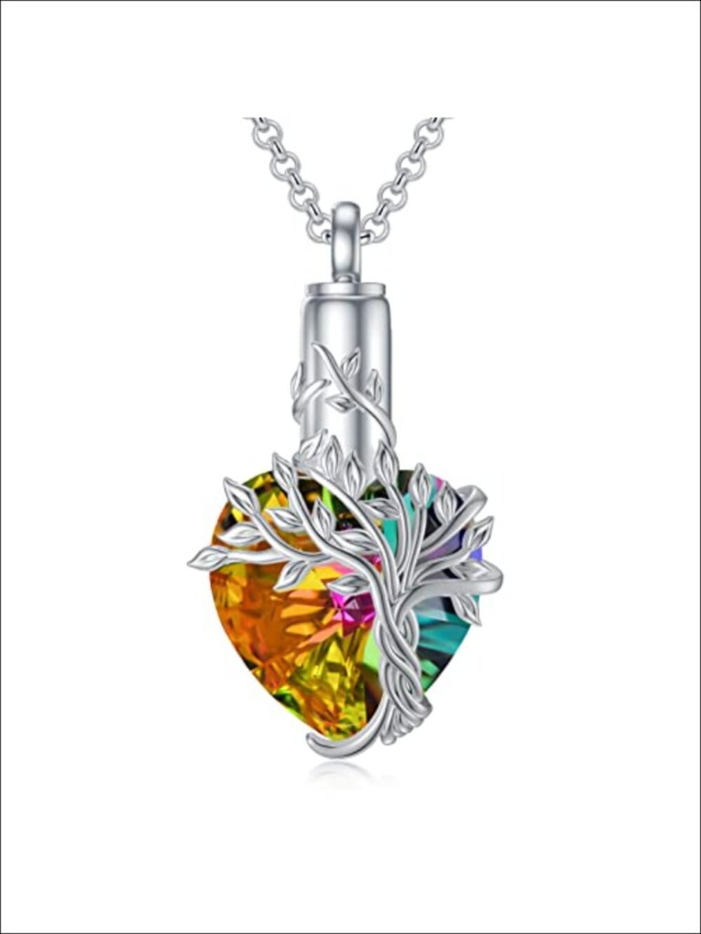 Sterling Silver Tree of Life Heart Cremation Urn Necklace Crystal Ashes